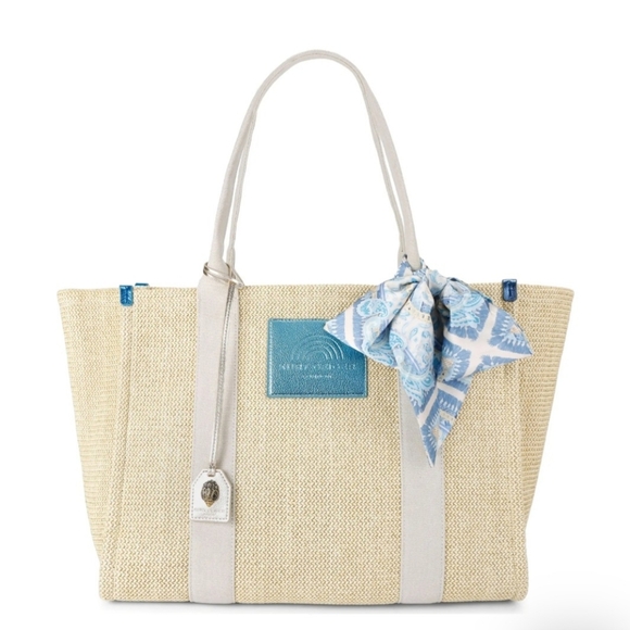 Kurt Geiger Handbags - NEW Kurt Geiger Large Southbank Zip Top Shopper: Woven Beige W/ Blue Tones